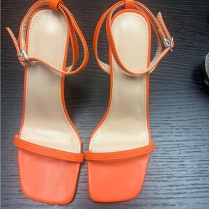 Women's Orange Ankle-Strap Square-Toe Heels